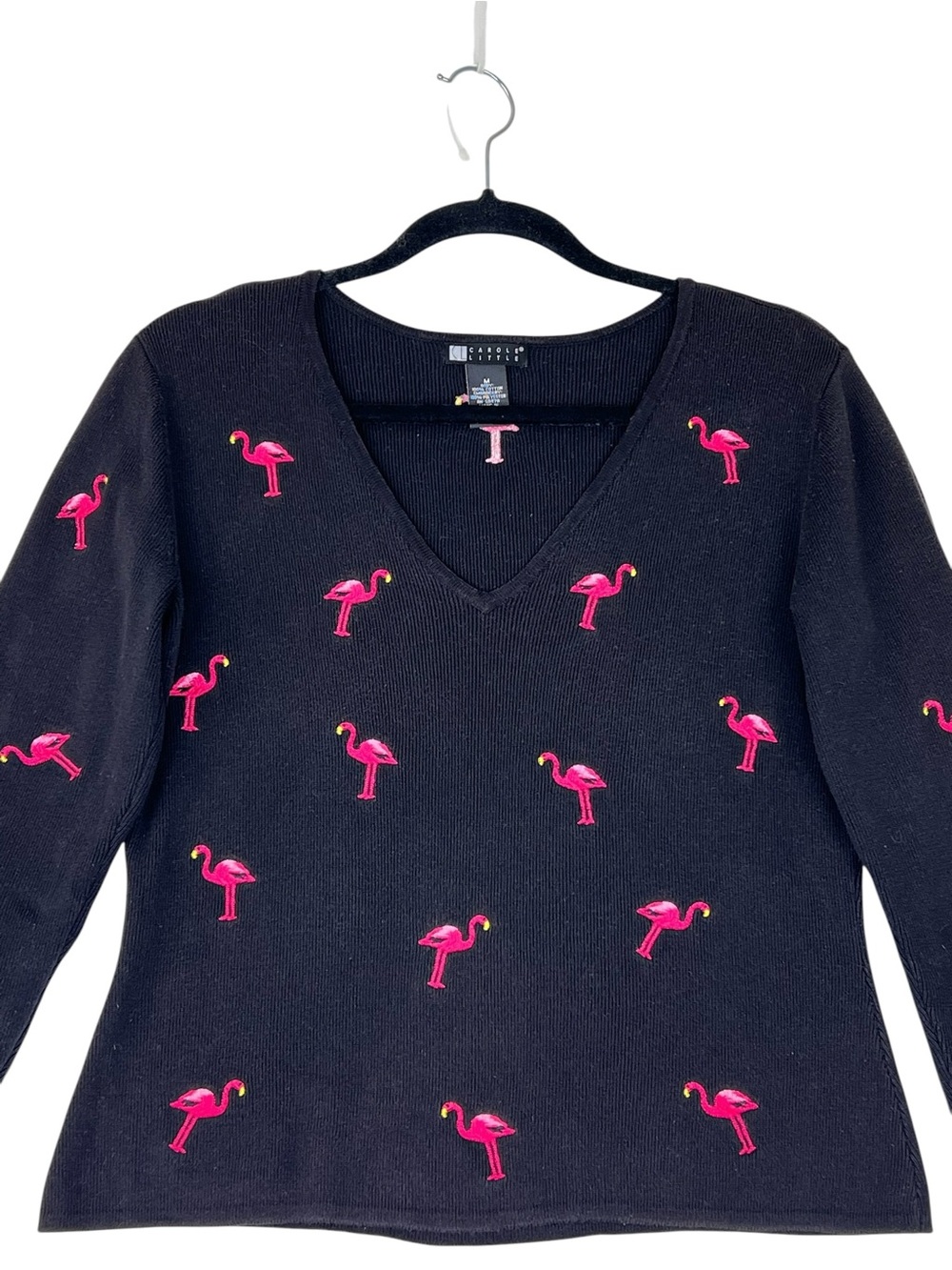 Vintage Flamingo Embroidered Black Sweater Sz M Grandmacore Trinket Novelty